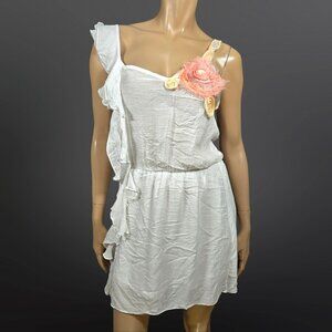 Y2K White Sleeveless Mini Dress Ruffled Pink Rosette Size s Fairy Boho Festival